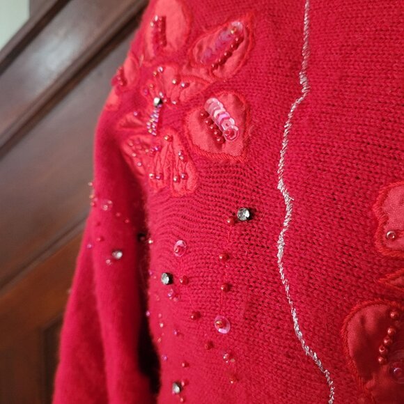Vintage Carriage Court Red Embellished Sweater With Floral Applique & Sequins S - Picture 3 of 7